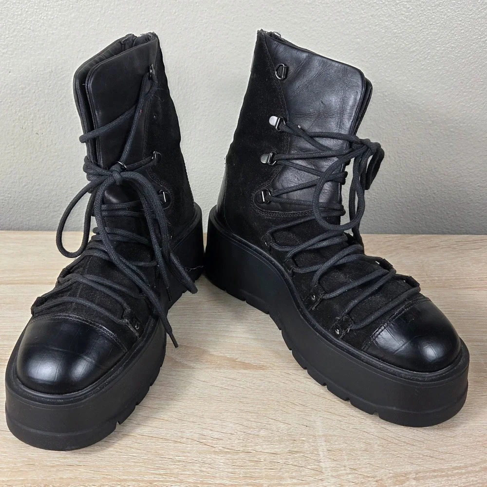 Free People Simone Wedge Boots Black Leather Suede Lace Up Women's EU 38